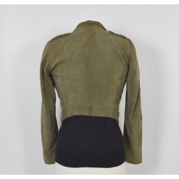 Whyred Suede Leather Moto Off Center Olive Green Zip Jacket Size 36 - Picture 5 of 11
